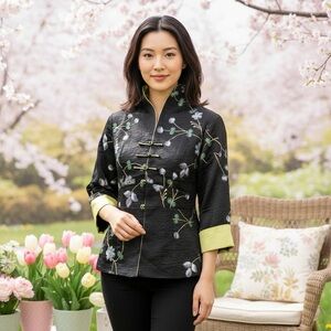Shanghai Soho Oriental 100% Silk Asian Jacket 3D Sakura floral embroidered Sz M